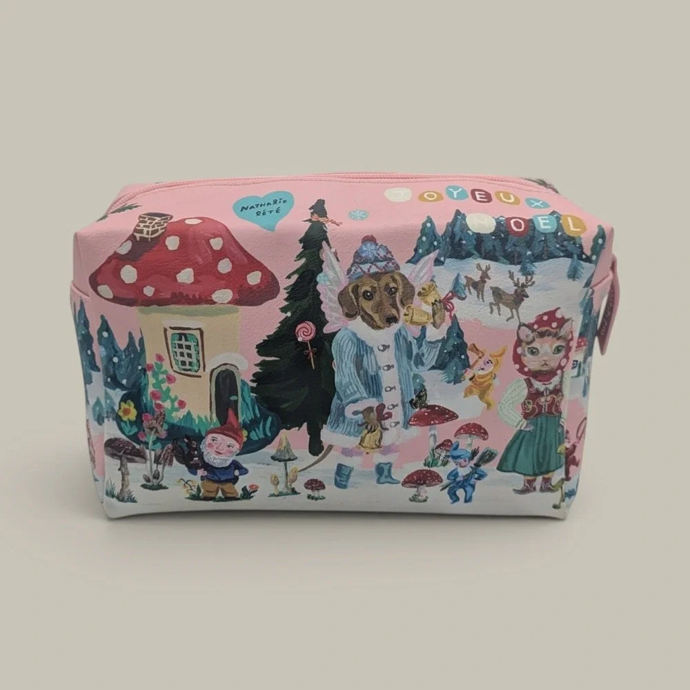Nathalie Lete Joyeux Noel Travel Wash Bag Pink Toiletry Case OS Whimsical Gnome